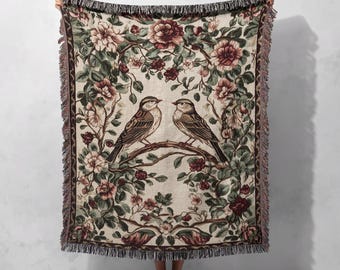 Vintage geweven deken met vogels, 100% katoen - Bloemen- en mussenmotief voor een gezellige huisdecoratie, cottagecore wandtapijt