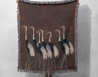 Elegant Crane Woven Blanket 100% Cotton - Minimalist Bird Design with Earthy Tones for Nature-Inspired Home Decor, Cottagecore Tapestry