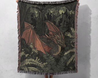Coperta tessuta con drago della foresta maestosa, 100% cotone - Morbida coperta con design di drago fantasy per un arredamento unico e idee regalo, stile cottagecore