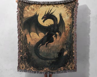 Black Dragon 100% Cotton Woven Blanket, Fantasy Gothic Tapestry, Medieval Mythical Throw, Dark Castle Decor