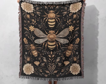 100% Cotton Bee Woven Blanket, Vintage Honeybee Tapestry, Cozy Nature Throw, Boho Insect Art, Floral Home Decor, Cottagecore Gift
