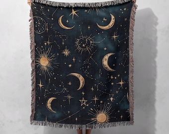 Manta tejida de constelaciones celestiales, manta de cielo estrellado 100 % algodón, tapiz inspirado en la astrología, manta acogedora con luna y estrellas