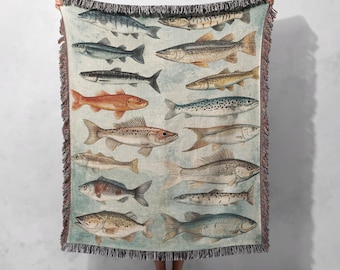 Manta tejida con ilustración de peces vintage, 100 % algodón, diseño de arte náutico para una acogedora decoración del hogar y un regalo, tapiz Cottagecore