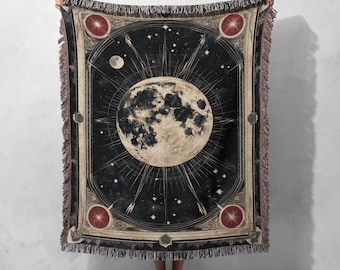 100% Cotton Full Moon Woven Blanket, Celestial Tapestry Throw, Gothic Home Decor, Astrology Art, Lunar Wall Hanging, Mystical Gift Blanket