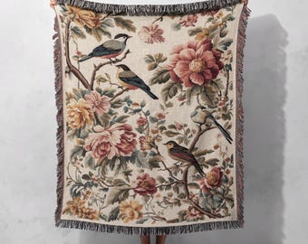 Deken van 100% katoen met bloemen- en vogelmotief, cottagecore wandtapijt, vintage tuindecoratie, romantische natuurdeken, cadeau voor vogelliefhebbers, knusse deken