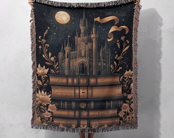 100% Cotton Castle & Books Woven Blanket – Fantasy Dark Academia Tapestry, Cozy Storybook Throw