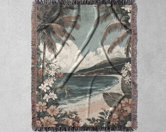 Tropical Beach Woven Blanket – 100% Cotton Coastal Throw With Palm