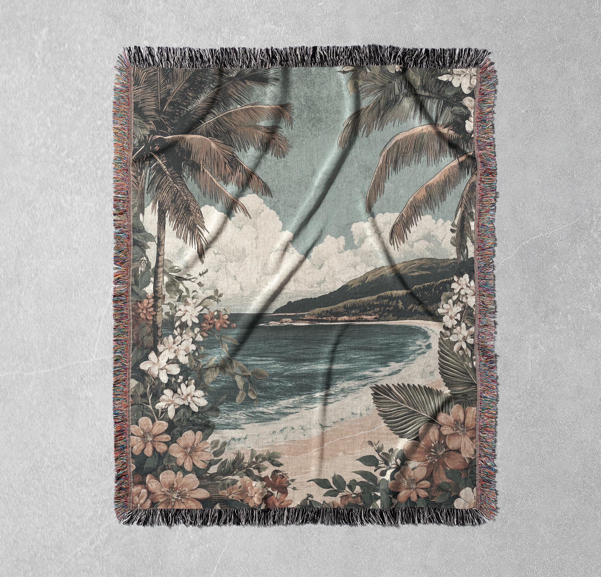 Tropical Beach Woven Blanket – 100% Cotton Coastal Throw With Palm
