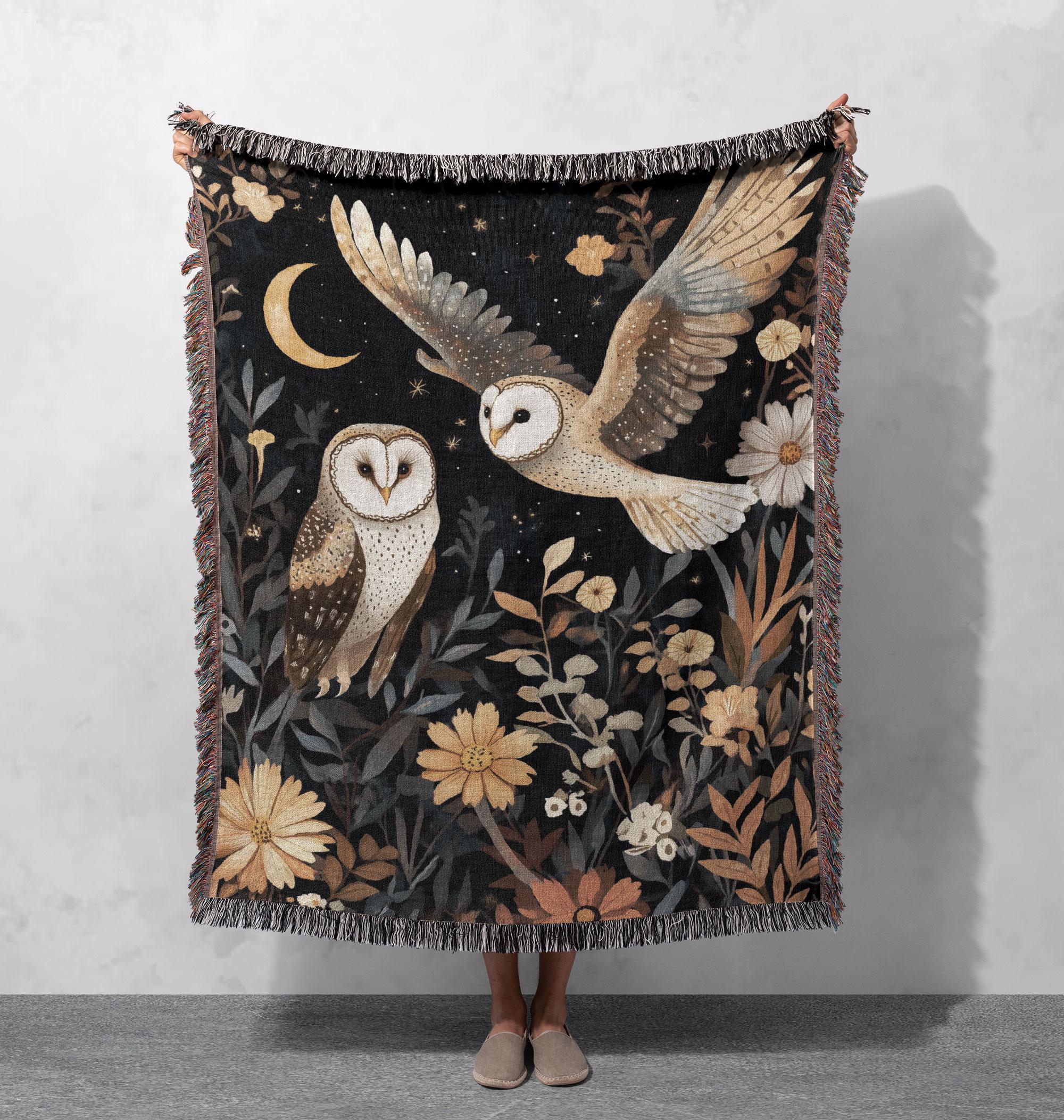 100% Cotton Custom Owl Woven Blanket, Moonlit Wildlife Tapestry Throw, Cozy Nature Blanket, Botanica