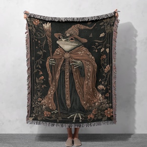 100% Cotton Frog Wizard Woven Blanket, Fantasy Tapestry Throw, Witchy Cottagecore Decor, Mystical Cozy Gift