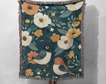 Speelse zangvogels deken van 100% katoen, geweven plaid met natuurthema, gezellig bloemenpatroon, landelijke woondecoratie