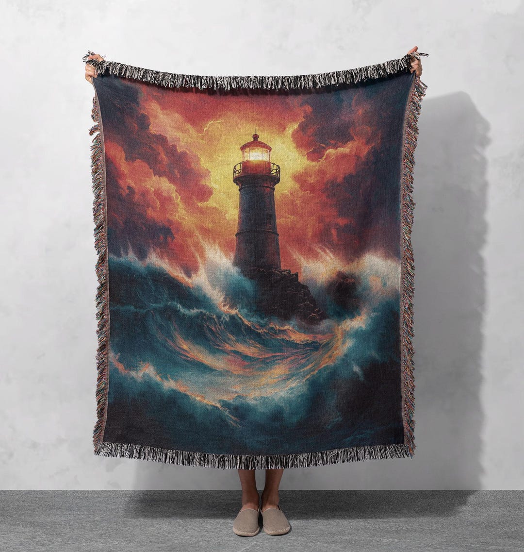 Lighthouse in the Storm 100% Cotton Woven Blanket – Nautical Art