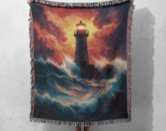 Lighthouse in the Storm 100% Cotton Woven Blanket – Nautical Art