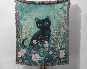100% Cotton Woven Blanket - Artistic Black Cat in Floral Meadow Cozy Throw, Cottagecore Tapestry