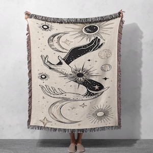 Celestial Woven Blanket 100% Cotton - Mystical Sun, Moon, and Stars Design, Cottagecore Tapestry