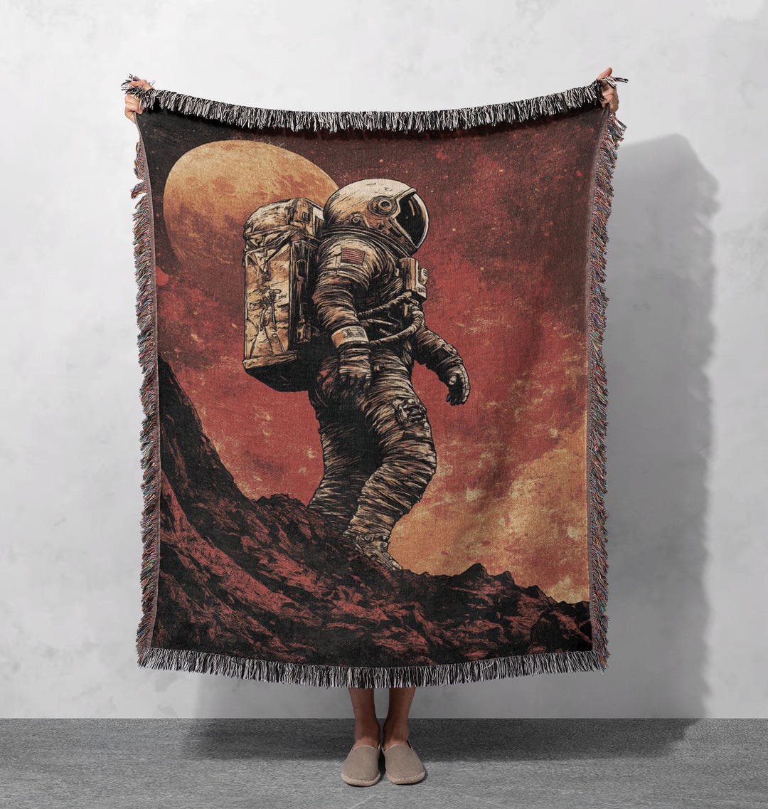 iMPeRF Astronaut Flower Woven Blanket Ｍ Astronaut Adventure Woven Blanket 100% Cotton, Red Planet Space