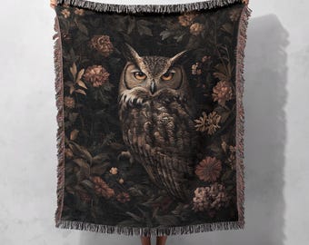 Mystical Owl 100% Cotton Woven Blanket, Gothic Woodland Throw, Vintage Nocturnal Bird Tapestry, Cozy Dark Academia Decor