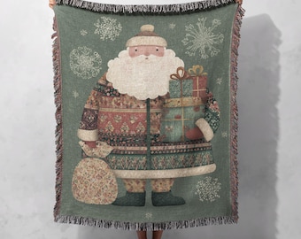 Vintage Santa Woven Blanket 100% Cotton, Christmas Holiday Throw Blanket, Folk Art Saint Nicholas Tapestry Blanket, Family Gift For Mom.