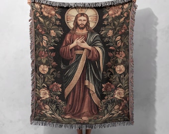 100% Cotton Sacred Jesus Woven Blanket, Christian Tapestry Throw, Religious Home Decor