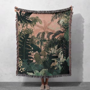 100% Cotton Tropical Jungle Woven Blanket, Botanical Nature Throw, Lush Greenery Decor