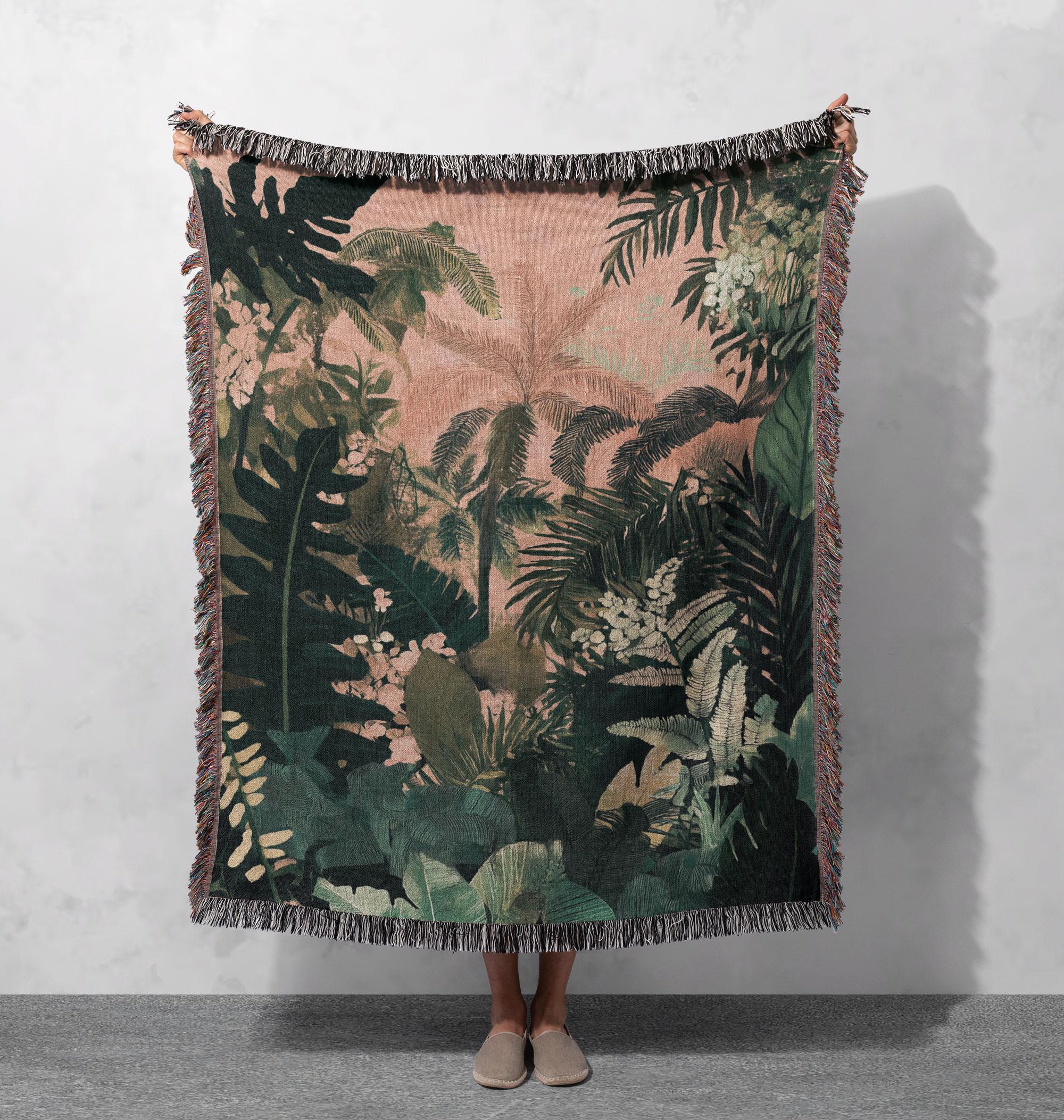 100% Cotton Tropical Jungle Woven Blanket, Botanical Nature Throw, Lush Greenery Decor