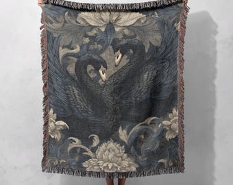 Elegante manta tejida de cisnes negros 100 % algodón, romántica manta gótica oscura de estilo académico, tapiz de arte floral vintage, regalo para parejas, lujoso.