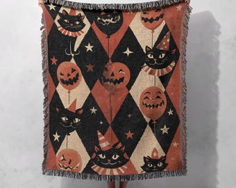 Halloween Cat Woven Blanket 100% Cotton, Halloween Decor Woven Blanket, Cat Lover Woven Blanket, Autumn Holiday Woven Blanket, Spooky Party