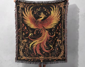 Majestic Phoenix 100% Cotton Woven Blanket, Firebird Tapestry Throw, Mythical Creature Decor, Fantasy Lover Gift