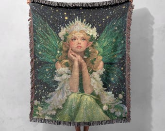 Fantasy Fairy Woven Blanket 100% Cotton, Magical Fairy Tale Woven Blanket, Nature Inspired Fairy Artwork Woven Blanket, Ethereal Fairy Glow