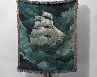 Tall Ship On Stormy Sea Woven Blanket 100% Cotton, Sailor Gift Woven Throw, Nautical Art Tapestry Blanket, Gift For Dad Cotton Throw