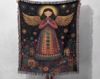 Manta tejida Ángel de la Guarda 100% algodón, manta de oración cristiana, regalo religioso para mamá, decoración navideña de fe católica