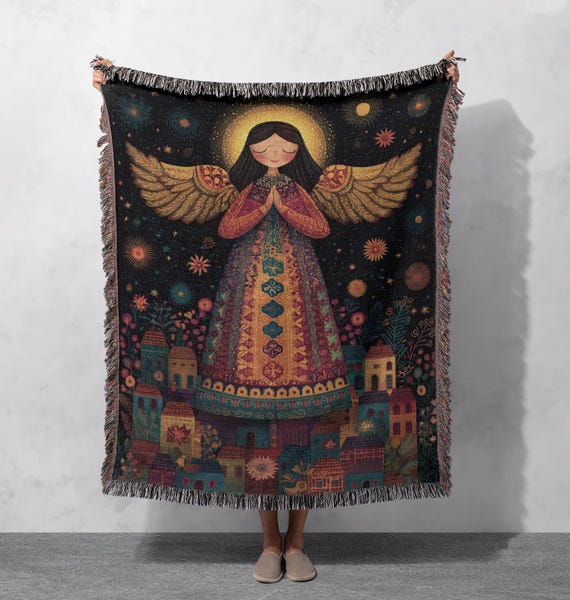 Guardian Angel Woven Blanket 100% Cotton, Christian Prayer Throw