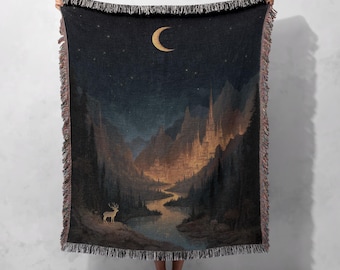 Fantasy Reader Gift Woven Blanket 100% Cotton, Book Lover Mythical Kingdom Tapestry, Gamer Gift For Friend Woven Throw, Magical Stag Couch