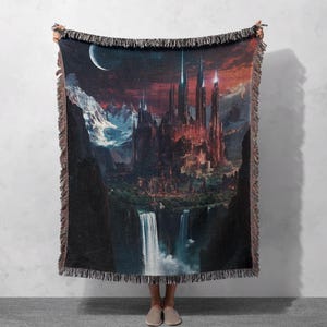 100% Cotton Fantasy Castle Woven Blanket, Enchanted Kingdom Tapestry Throw, Mystical Gothic Decor, Magical Gift for Fantasy Lovers