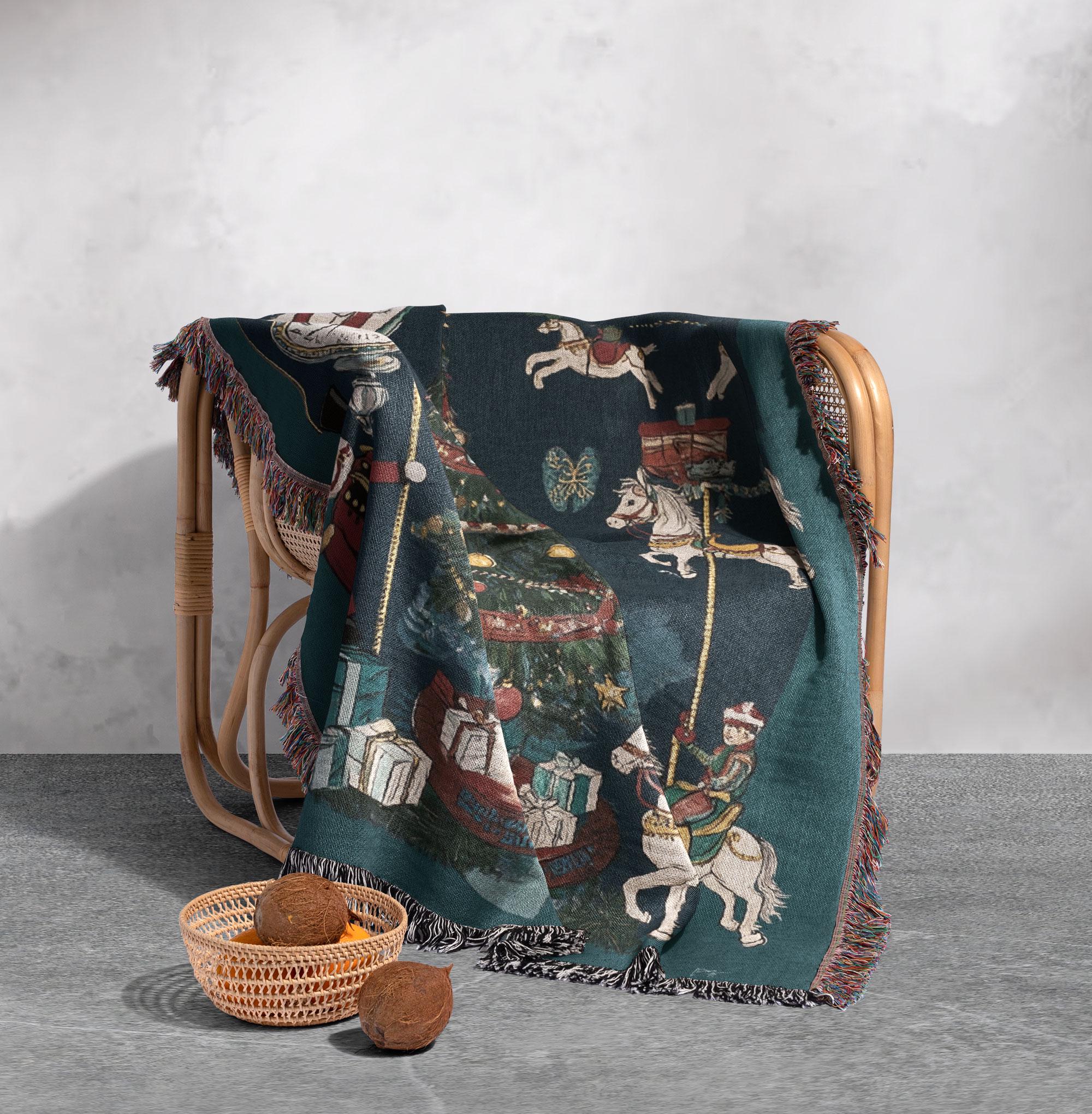 Vintage Christmas Woven Blanket 100% Cotton With Carousel, Tree
