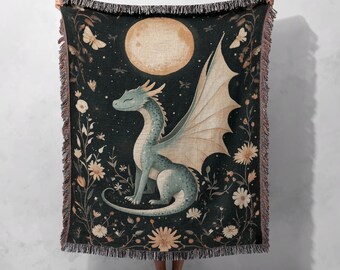 100% Cotton Celestial Dragon Woven Blanket, Mystical Fantasy Throw, Cozy Home Decor