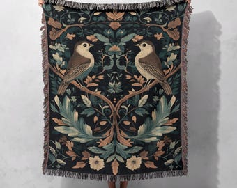 100% katoenen deken met op maat geweven vogelmotief, vintage natuurtapijt, deken met bloemen en dieren, artistieke woondecoratie, cadeau voor natuurliefhebbers