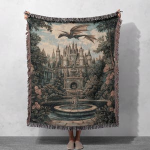 Couverture tissée 100 % coton Château enchanté et dragon, jeté de tapisserie fantastique, décor de conte de fées médiéval, cadeau fantastique