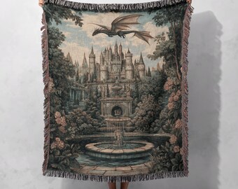 Enchanted Castle & Dragon 100% Cotton Woven Blanket, Fantasy Tapestry Throw, Medieval Fairytale Decor, Fantasy Gift