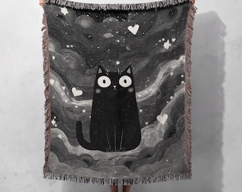 Söt katt astronomi vävd filt 100% bomull, kattälskare filt, svart katt pläd, djurentusiast vävd filt, mysig husdjursfilt