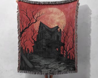 Gewebte Decke mit Spukhaus-Motiv aus 100 % Baumwolle, gruselige Halloween-Dekodecke, gewebte Decke für Horrorfilmabende, Gothic-Dekodecke