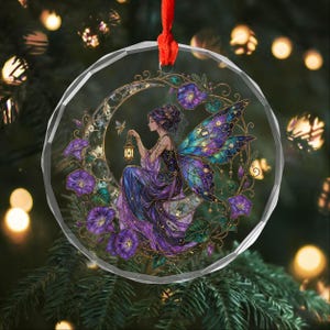 Custom Glass Celestial Fairy Ornament, Seated Moon Nymph Violet Flower Keepsake, Enchanted Lantern Tree Disc, Mystical Cottagecore Decor