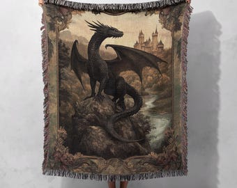 Majestic Black Dragon Woven Blanket 100% Cotton for Fantasy-Themed Home Decor and Unique Gifts, Cottagecore Tapestry