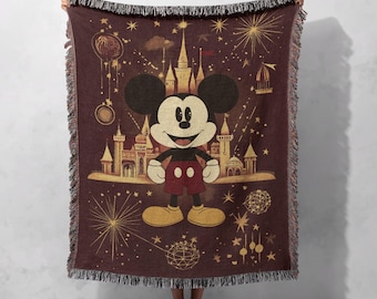 Manta tejida vintage de dibujos animados, 100 % algodón, decoración de castillo mágico, regalo para vacaciones familiares, fan de Disney, habitación infantil, noche estrellada, soñador