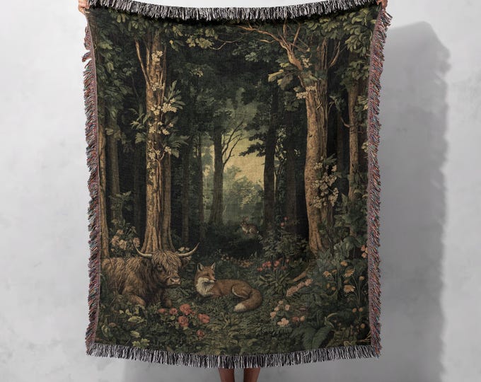 100% Cotton Enchanted Forest Woven Blanket, Nature Tapestry, Woodland Cozy Throw