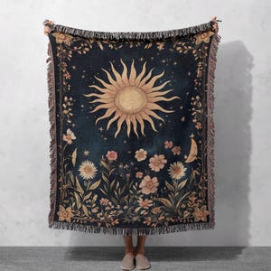 100% Cotton Celestial Sun & Moon Woven Blanket – Mystical Boho Floral Tapestry, Cosmic Throw