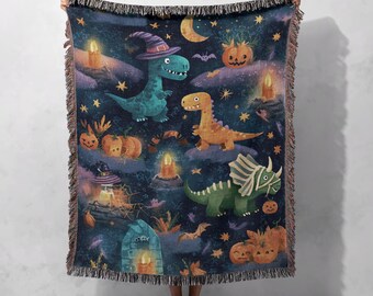 Halloween Dinosaur Woven Blanket 100% Cotton, Cute Spooky Dino For Kids Woven Tapestry, T-Rex Triceratops Throw Blanket For Son, Halloween