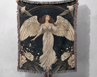 Manta tejida 100 % algodón con forma de ángel etéreo, tapiz celestial, manta de ángel guardián, regalo de decoración divina
