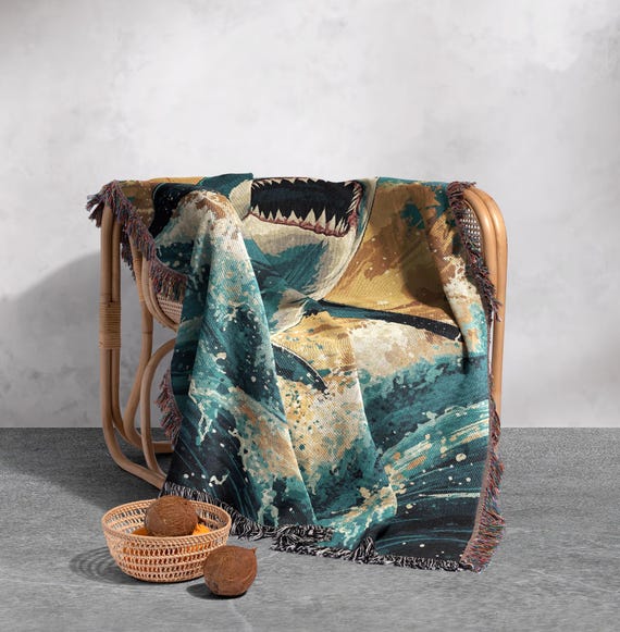 100% Cotton Shark Woven Blanket, Ocean Art Tapestry, Cozy Home