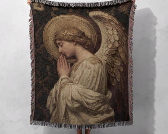 Praying Angel 100% Cotton Woven Blanket, Guardian Angel Tapestry Throw, Christian Home Decor Woven Throw, Catholic Gift For Mom, Religious.